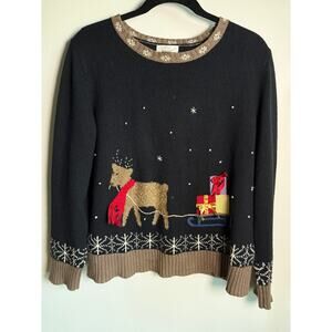 CHRISTOPHER & BANKS | 2005 Reindeer Sleigh Novelty Christmas Sweater | Medium